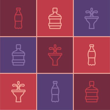 Bir şişe su, çeşme ve temiz ikonlu büyük şişe. Vektör