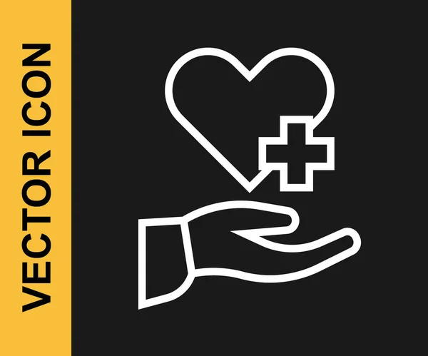 Línea Blanca Corazón Con Icono Cruz Aislado Sobre Fondo Negro — Vector de stock
