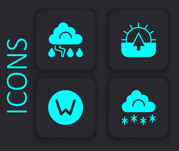 Set Cloud with snow, and lightning, Sunrise and Compass north icon. Black square button. Vector