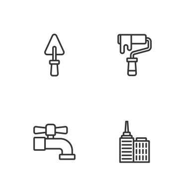 Set hattı şehir peyzajı, su musluğu, Trowel ve boya fırçası ikonu. Vektör