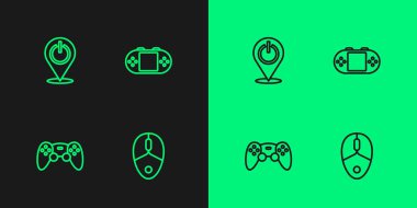 Satır satırı bilgisayar faresi, oyun denetleyici veya joystick, Güç düğmesi ve taşınabilir video oyun konsolu simgesini ayarla. Vektör