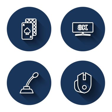 Satır Ayarla Oyun kartları, Bilgisayar monitörü, Mikrofon ve uzun gölgeli fare. Mavi daire düğmesi. Vektör