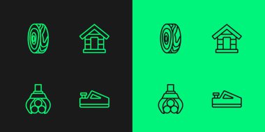 Hat ahşap uçak aleti, vinç tutacağı kütük, ağaç halkaları ve köpek evi simgesi. Vektör