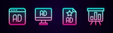 Satır Reklamcılığını ve Panoyu grafik grafiği ile ayarla. Parlayan neon ikonu. Vektör