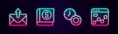 Posta ve e-posta hattı, Finansal kitap, zaman yönetimi ve piyasa analizi. Parlayan neon ikonu. Vektör