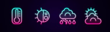Hat termometresi, gece döngüsü, bulut ve şimşek ve güneş bulutu havası. Parlayan neon ikonu. Vektör