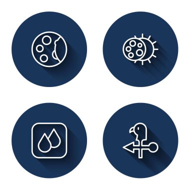 Hat safhaları, güneş tutulması, su damlası ve uzun gölgeli horoz rüzgar gülü. Mavi daire düğmesi. Vektör