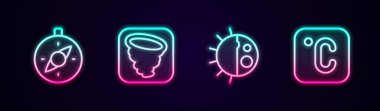 Pusula, Kasırga, Gece Döngüsü ve Celsius 'u ayarla. Parlayan neon ikonu. Vektör