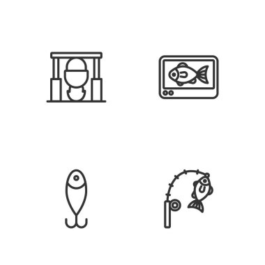 Olta ve balık oltası, yem, kamp ateşi tenceresi ve bulucu eko ses simgesi. Vektör