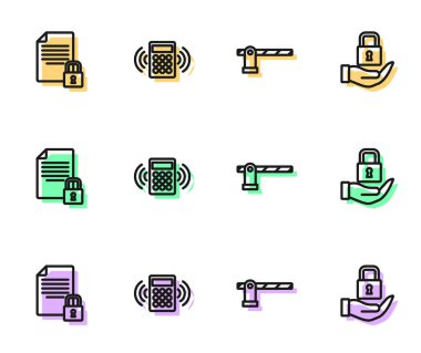 Park yeri bariyeri, belge ve kilit, güvenlik tuş takımı erişim paneli ve kilit simgesi ayarlayın. Vektör