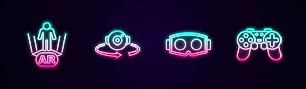 设定线增强现实Ar 360度视图 虚拟眼镜和Gamepad 发光的霓虹灯图标 — 图库矢量图片