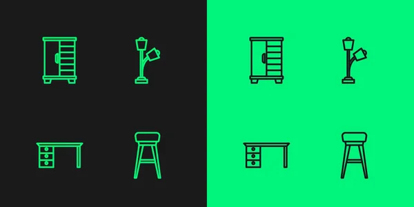 Set Line Chair Escritorio Oficina Armario Icono Lámpara Pie Vector — Vector de stock