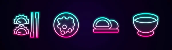 Mettre Ligne Dumpling Avec Des Baguettes Riz Bol Sushi Sauce — Image vectorielle