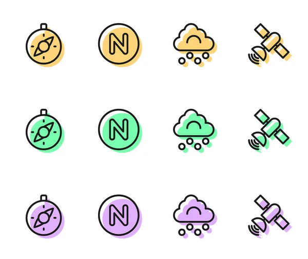 Set Line Hagelwolke Kompass Norden Und Satelliten Symbol Vektor — Stockvektor