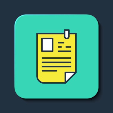 Doldurulan Özgeçmiş simgesi mavi arkaplanda izole edildi. Özgeçmiş başvurusu. Profesyonel personel aranıyor. Personel analizi devam ediyor. Turkuaz kare düğme. Vektör