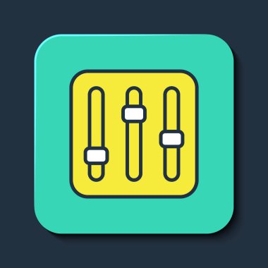 Doldurulmuş ses düzenleyici simgesi mavi arkaplanda izole edildi. DJ ekipman kaydırma düğmeleri. Konsol karıştırılıyor. Turkuaz kare düğme. Vektör