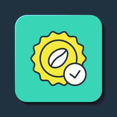 Mavi arka planda izole edilmiş kahve ikonu için ana hatları doldurulmuş. Kaliteli kahve rozeti. Turkuaz kare düğme. Vektör