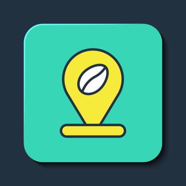 Mavi arka planda izole edilmiş kahve çekirdeği ikonu ile ana hatları doldurulmuş. Turkuaz kare düğme. Vektör