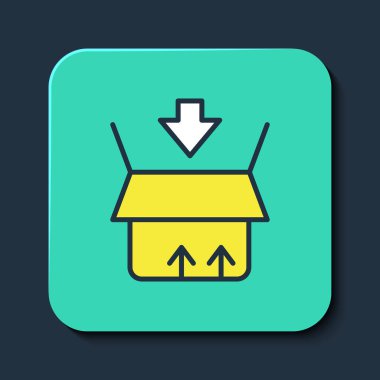 Doldurulmuş karton kutu simgesi mavi arkaplanda izole edildi. Kutu, paket, paket işareti. Teslimat ve ambalaj. Turkuaz kare düğme. Vektör