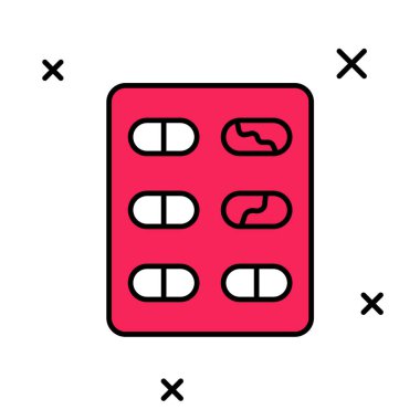 Doldurulmuş haplar beyaz arka planda izole edilmiş su toplayıcı ikonu. İlaç paketi. Tablet, vitamin, antibiyotik, aspirin. Vektör