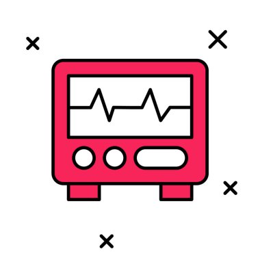 Beyaz arkaplanda izole edilmiş kardiyogram simgesiyle dolu ana hatlı bilgisayar monitörü. Simge denetleniyor. Kalp atışı elle çizilmiş EKG monitörü. Vektör
