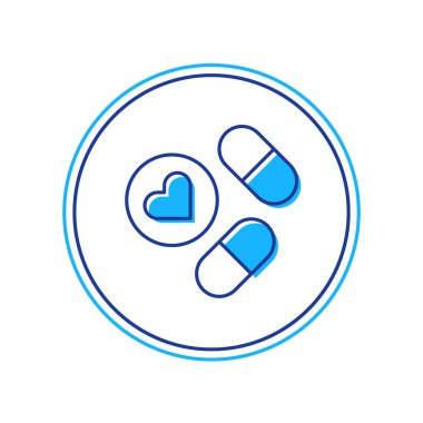 Beyaz arka planda izole edilmiş ana hatlı ilaç veya tablet ikonu. Kapsül hapı ve uyuşturucu işareti. Eczane tasarımı. Vektör