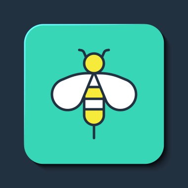 Doldurulmuş Bee simgesi mavi arkaplanda izole edildi. Tatlı doğal yemek. Bal arısı ya da kanat sembollü apis. Uçan böcek. Turkuaz kare düğme. Vektör