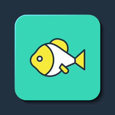 Doldurulmuş ana hatlı Balık simgesi mavi arkaplanda izole edildi. Turkuaz kare düğme. Vektör