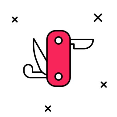 Beyaz arka planda izole edilmiş çizgili İsviçre ordu bıçak ikonu. Çoklu alet, çok amaçlı çakı. Çok fonksiyonlu bir alet. Vektör