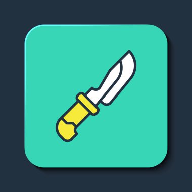 Doldurulmuş ana hat bıçak simgesi mavi arkaplanda izole edildi. Çatal bıçak sembolü. Turkuaz kare düğme. Vektör