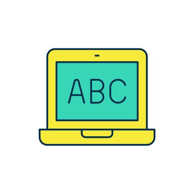 Doldurulmuş dizüstü bilgisayar simgesi beyaz arkaplanda izole edildi. Boş ekran işaretli bilgisayar defteri. Vektör