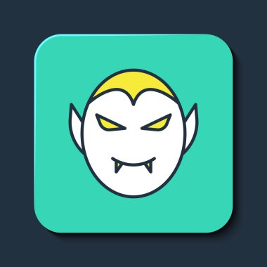 Doldurulmuş vampir simgesi mavi arka planda izole edilmiş. Mutlu Cadılar Bayramı Partisi. Turkuaz kare düğme. Vektör