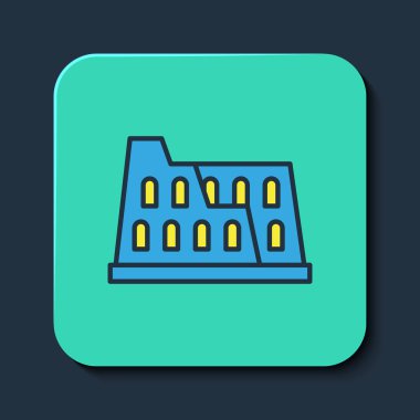 Roma 'da Coliseum ana hatlarıyla doldurulmuş, İtalya ikonu mavi arka planda izole edilmiş. Kolezyum işareti. Antik Roma 'nın sembolü, gladyatör dövüşleri. Turkuaz kare düğme. Vektör