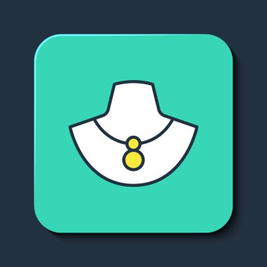 Mavi arkaplanda izole edilmiş manken ikonu üzerindeki ana hatlı kolye. Turkuaz kare düğme. Vektör