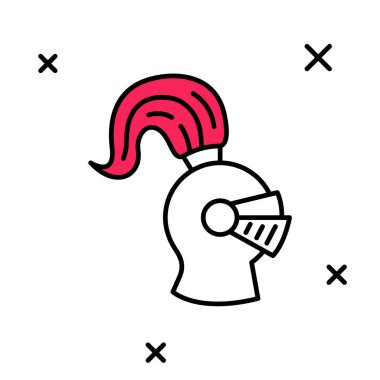 Beyaz arka planda izole edilmiş baş koruma ikonu için orta çağ demir miğferi doldurulmuş. Şövalye miğferi Vektör