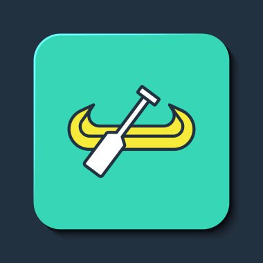 Mavi arka planda izole edilmiş ana hatlı kano ve kürek simgesi. Balıkçılık ve turizm için kano. Açık hava aktiviteleri. Turkuaz kare düğme. Vektör