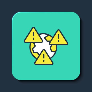 Üzerinde mavi arkaplanda izole edilmiş ünlem işareti simgesi olan ana hatlı Gezegen Dünya sembolü. Global Earth, ünlem tehlike işareti. Turkuaz kare düğme. Vektör