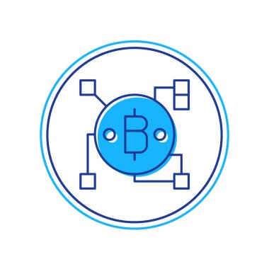 Blockchain teknolojisi ile doldurulmuş Bitcoin simgesi beyaz arkaplanda izole edilmiş. Soyut geometrik blok zincir ağ teknolojisi işi. Vektör