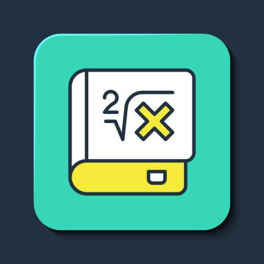 Mavi arkaplanda izole edilmiş kelime matematik ikonu ile ana hatlarıyla dolu bir kitap. Matematik kitabı. Okula geri dönmekle ilgili eğitim konsepti. Turkuaz kare düğme. Vektör