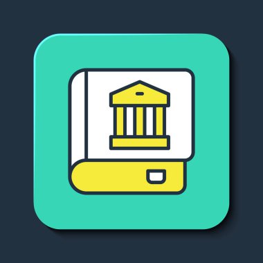 Mavi arkaplanda izole edilmiş ana hatlı hukuk kitabı simgesi. Yasal yargıç kitabı. Yargılama kavramı. Turkuaz kare düğme. Vektör