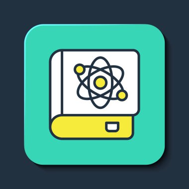 Mavi arka planda izole edilmiş fizik ikonu hakkındaki ana hatlarıyla dolu bir kitap. Turkuaz kare düğme. Vektör