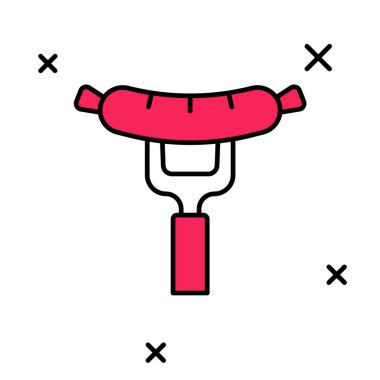 Beyaz arkaplanda izole edilmiş çatal simgesindeki sosisler. Izgara sosis ve aroma işareti. Vektör