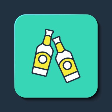 Doldurulmuş bira şişesi simgesi mavi arka planda izole edilmiş. Turkuaz kare düğme. Vektör