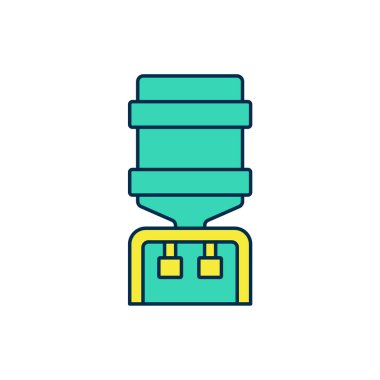 Ofis için ana hatlı su soğutucusu ve beyaz arka planda izole edilmiş ev simgesi. Su dağıtıcısı. Şişe ofisi, plastik ve sıvı. Vektör