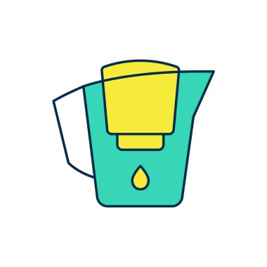 Beyaz arkaplanda izole edilmiş bir filtre simgesi ile ana hatlarıyla su testisi doldurulmuş. Vektör