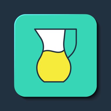 Mavi arka planda izole edilmiş, ana hatlı sürahi bardağı ve su ikonu. Su için çaydanlık. İçme suyu dolu cam sürahi. Turkuaz kare düğme. Vektör