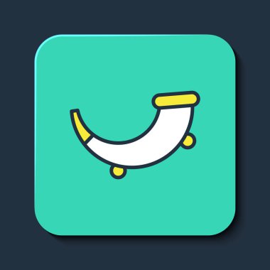 Mavi arka planda izole edilmiş ana hatlı avcı boynuzu simgesi. Turkuaz kare düğme. Vektör