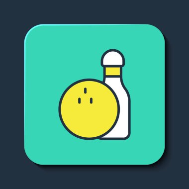 Bowling pimi ve top ikonu mavi arka planda izole edildi. Spor malzemeleri. Turkuaz kare düğme. Vektör