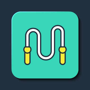 Mavi arkaplanda izole edilmiş ana hatlı atlama ipi simgesi. İp atlıyorum. Spor malzemeleri. Turkuaz kare düğme. Vektör