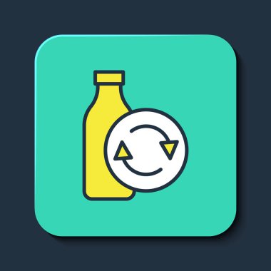 Ana hatları doldurulmuş plastik şişe ikonu mavi arka planda izole edilmiş. Turkuaz kare düğme. Vektör